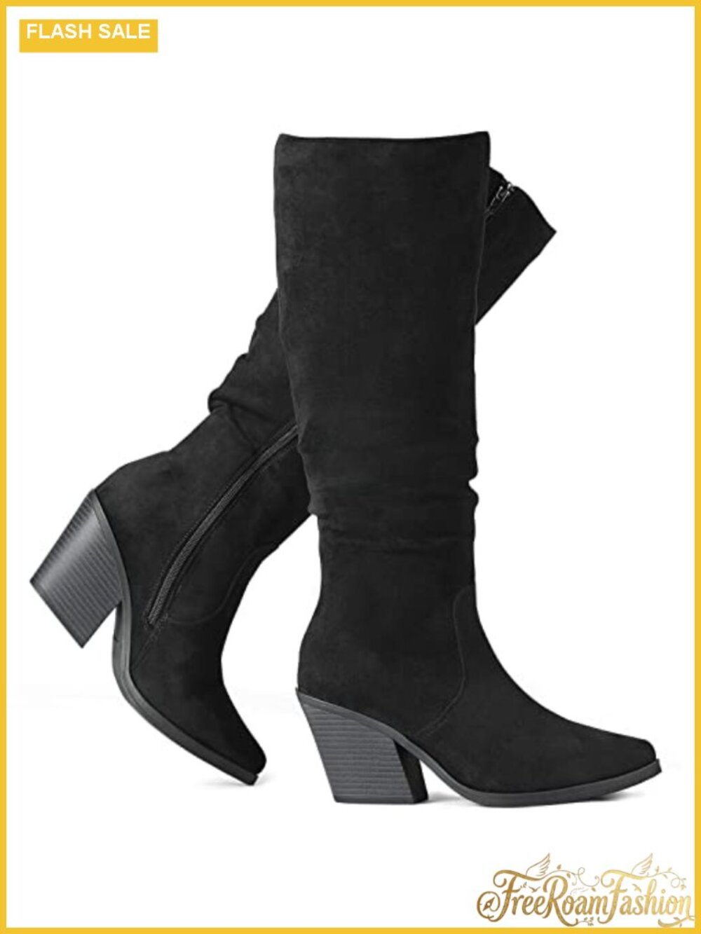 Faux Suede Knee High Slouch Boots Chunky Cuban Heel Pointed Toe Side Zip